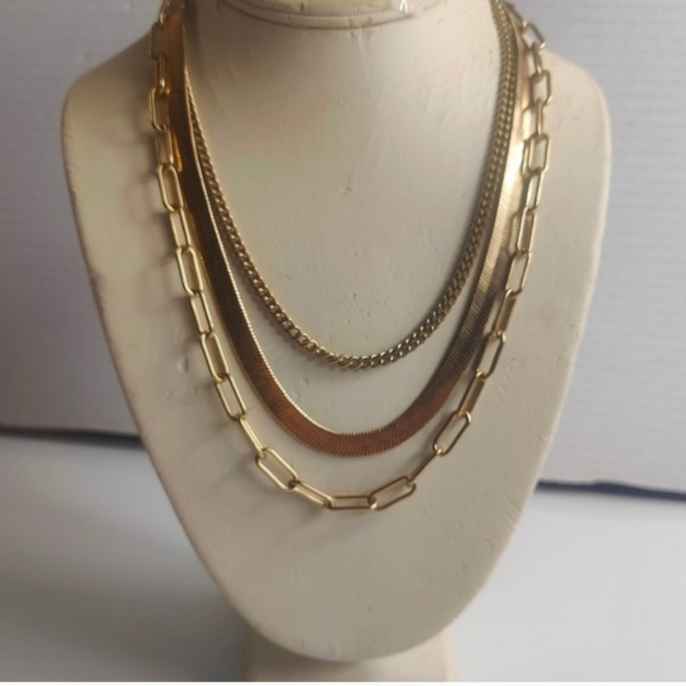 Chico's Gold Tone Layered Necklace Herringbone Chain Paperclip Link - Picture 2 of 7